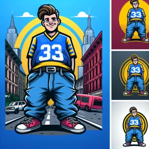 A Comic Men with Baggy Jeans and a soccer Jersey. On a street in...