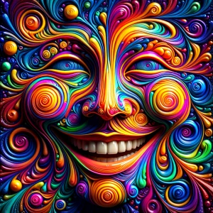 Create a 3D 8K UHD image of a large smiling face composed of fre...