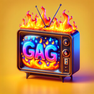Tube TV with the word “GAG” on the screen on fire cartoon logo