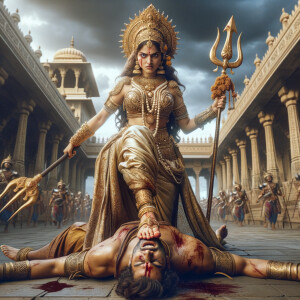 portrait of angry looking, indian goddess trampling a defeated mahishasur with her foot, while he is lying on the ground, she has a trident in her hand. She is wearing gold armor, a huge gold crown, gold saree, abundant  gold jewelry, covered in blood. The scene is set in ancient India. The image is 8K resolution, cinematic, photography, ultra detailed face and epic.