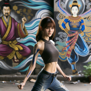 Athletic Thin skinny Attractive, Asian teenage girl, long brown hair and bangs, wearing tight skinny jeans and a halter top paint marks on her clothing, heroic pose Asian graffiti background