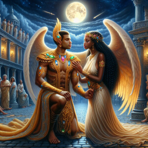 Create an oil painting image featuring a male angel and a grievi...