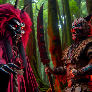 A tengu forest demon, meets an Aztec Jaguar warrior