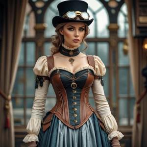 A beautiful woman wearing a corset with brass and leather accent...