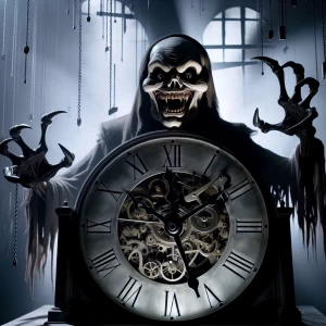 Visualize an eerie, anthropomorphic clock standing in a shadowy...