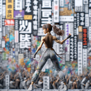 Athletic Thin skinny Attractive, Asian teenage girl, long brown hair and bangs, wearing tight skinny jeans and a halter top paint marks on her clothing, heroic pose Asian graffiti background, backside view