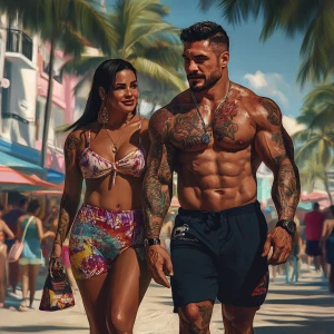 A well-built, tattooed man with a muscular physique, glistening...