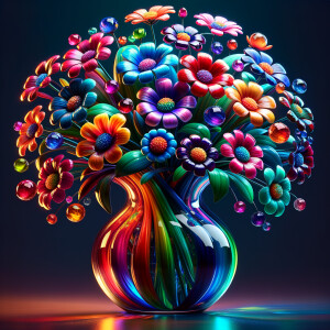 A vibrant and whimsical bouquet of glossy, multicolored flowers, each petal radiating joy in a spectrum of red, pink, blue, purple, orange, and yellow hues, assembled in a reflective, curved glass vase. The stems and leaves are rendered in rich, lifelike greens, contrasting beautifully with the brightly hued petals. The vase, positioned on a dark surface, holds a magical arrangement where the lower half is filled with layers of sparkling, jewel-toned crystals, creating a rainbow gradient from green to blue to fiery orange. Each flower seems to have a character of its own, contributing to a cheerful and enchanting composition that exudes the essence of a dreamy, enchanted garden.