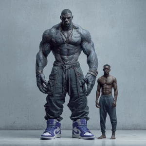 Create an image featuring a large, muscled figure with exaggerat...