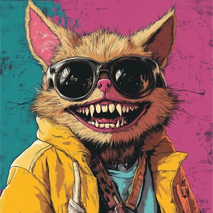 Stylized character portrait of a mischievous designer toy creat...