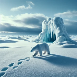 A polar bear walks across the pristine white snow, leaving faint...