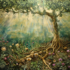 Visualize the enchanting journey of a burdock root as it grows a...