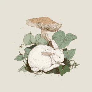 Calm white rabbit curled up, mushroom roof, hand-drawn line art,...