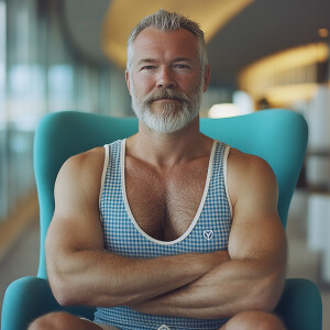The image shows a white man with a beard , gray haired muscular...