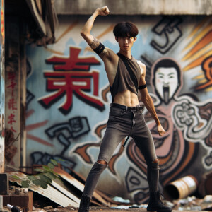 Athletic Thin skinny Attractive, Asian teenage girl, long brown hair and bangs, wearing tight skinny jeans and a halter top paint marks on her clothing, heroic pose Asian graffiti background, rear view