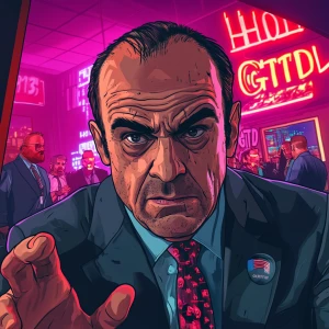 A Grand Theft Auto-style illustration featuring a pale, exhauste...