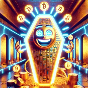 A glowing, golden sarcophagus covered in ancient Egyptian hierog...