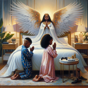 An oil painting of two African-American children with dark skin,...
