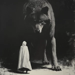 An oversized large wolf facing forward, paws  spread casting a s...