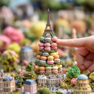 Miniaturhandwerker dekorieren ein großes Macaron-Gebäude auf Lei...