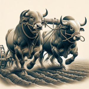 Draw two bulls working together to pull a cultivation plough