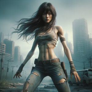 Skinny and thin Asian teen girl wearing skin tight jeans that are worn and frayed, long hair and bangs heroic ready to fight stance