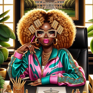 Illustrate a glamorous African American woman with voluminous, c...