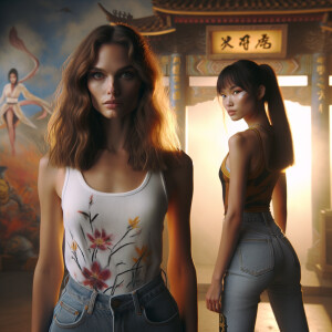 Athletic Thin skinny Attractive, Asian teenage girl, long brown hair and bangs, wearing tight skinny jeans and a halter top paint marks on her clothing, heroic pose Asian graffiti background, backside view