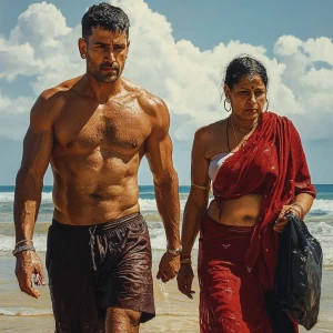 Realism,a muscular sweaty man walking with his 50 years old poo...