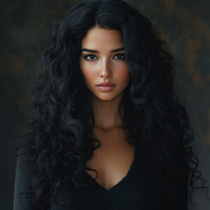 Create a photorealistic image of a stunning woman with lustrous...