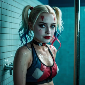 Harley Quinn washing her makeup and body off in a gym’s shower.