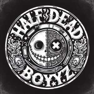 Create a logo for a  brand named "Half Dead Boyz" that features...
