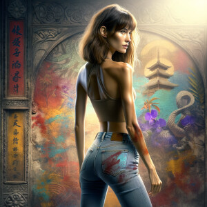 Athletic Thin skinny Attractive, Asian teenage girl, long brown hair and bangs, wearing tight skinny jeans and a halter top paint marks on her clothing, heroic pose Asian graffiti background, backside view