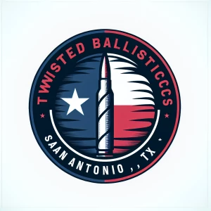 Create a circular logo featuring a stylized flag of Texas at the...