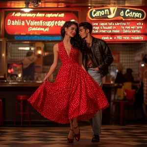 “A vibrant mid-century dance hall scene captured with a Canon EOS R5 and a 50mm f/1.2 lens. the image is focused on Dahlia Valentina fit tall supple well endowed tanned Italian American model (DahliaValentina_ai) stands in the center of a 1950s rockabilly dance, spinning in a bright red polka-dot dress with a fitted bodice and a flared skirt that lifts as she twirls. Her long wavy black hair is tied up with a matching headscarf, and she wears classic cat-eye eyeliner with a bold red lip. She dances with a charming partner dressed in a leather jacket and cuffed jeans, both caught mid-motion in a lively jitterbug step. The neon signs glow behind them, casting warm reflections on the checkered dance floor. The energy of the crowd, jukebox music, and the flickering of retro diner lights add to the nostalgic atmosphere. The composition follows dynamic angles, emphasizing movement and vintage allure.”