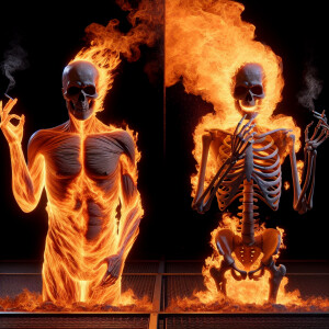 A humanoid figure with half flesh and half skeleton, engulfed in...