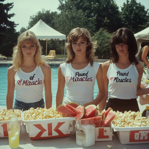 Color film photograph from 1975 of three beautiful 23-year-old w...