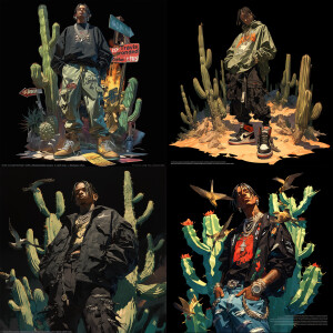 "Travis Scott surrounded by Green cactus wearing brown Jordan’s...