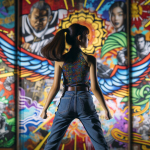 Attractive, Asian teenage girl, long brown hair and bangs, wearing tight skinny jeans and a halter top paint marks on her clothing, backside view heroic pose Asian graffiti