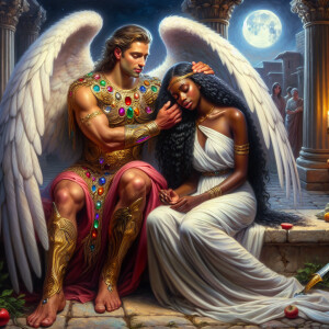 Create an oil painting image featuring a male angel and a grievi...