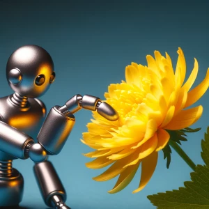the robot's metal finger touches the yellow petals of the flower...