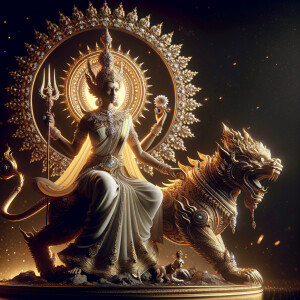 Imagine an hourglass form, an athletic build, enraged goddess Durga sitting atop a golden crown, and a wounded Mahishasur lying like a baby on top of her lap.  wearing a whitesaree, diamond  jewelry all over her body, a large gold crown on her head, and glaring into the camera. The lighting is incredibly realistic, cinematic, 8K, UHD, and the face is realistically depicted with photorealistic perfection. Photography