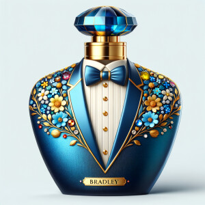 Create a blue and gold cologne bottle in the shape of a tuxedo w...