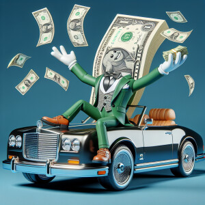 An anthropomorphic dollar bill character, clad in a tailored gre...