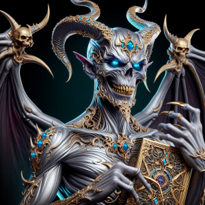 a highly-detailed  macabre demonic devil with vibrant silver ski...