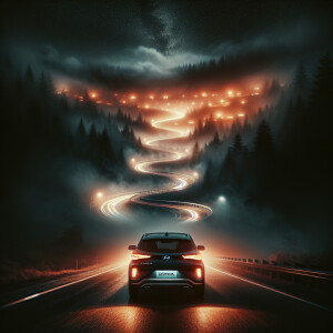 Изобрази Hyundai Creta ночью на трассе с туманом, похожую на эту...