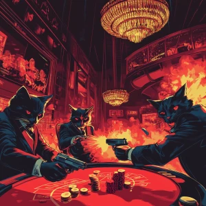 Well-dressed mafia cats exchanging gunfire inside a luxurious ca...