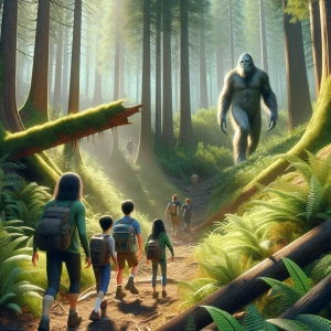 A humanoid Sasquatch with thick fur peering down a forested gull...