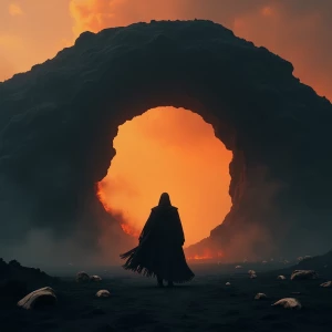 Photorealistic cinematic scene of a lone figure standing beneath...
