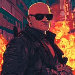A bald man with a stern expression, wearing dark oval sunglasses...